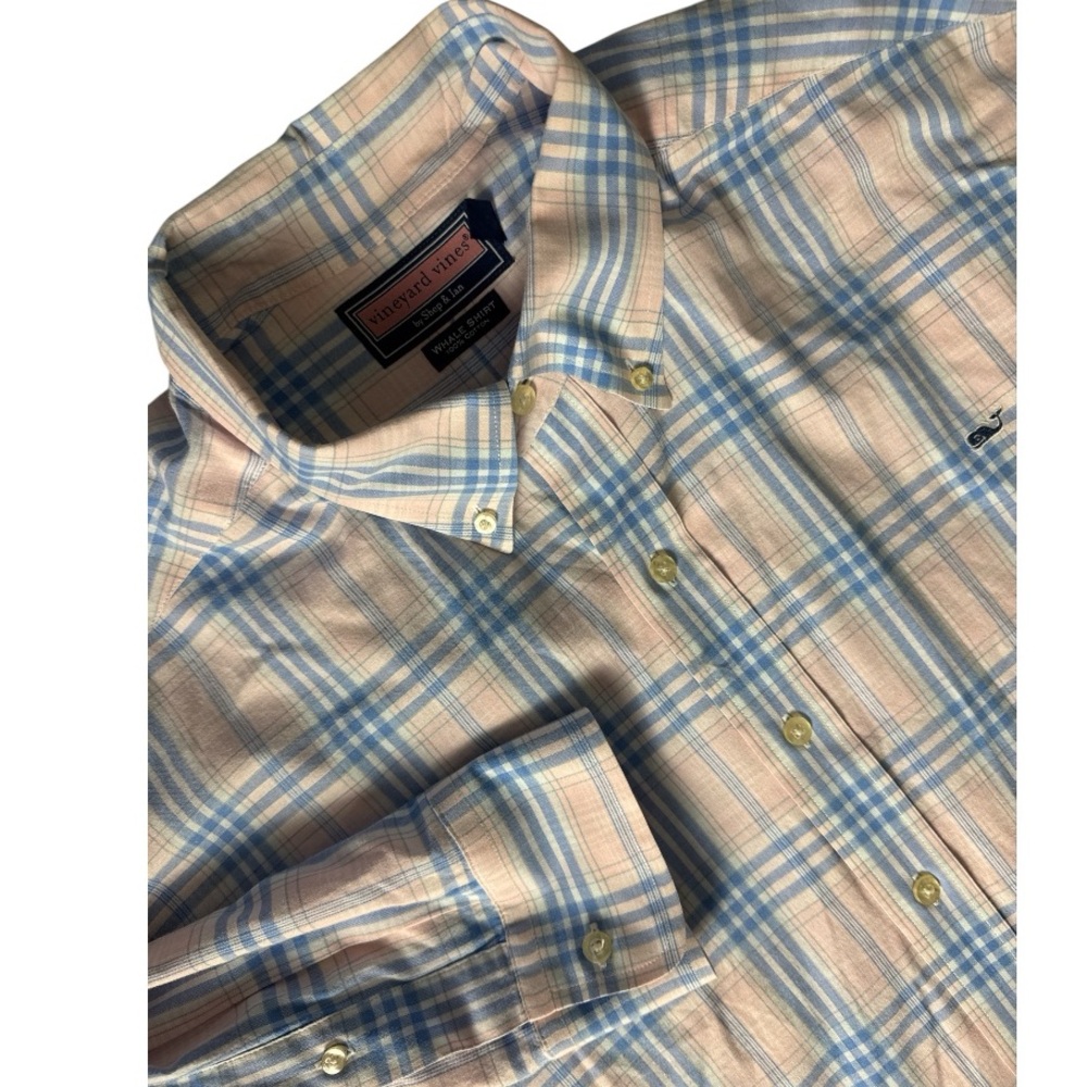 Vineyard Vines Men's Light Blue and Peach Plaid Button-Down Shirt